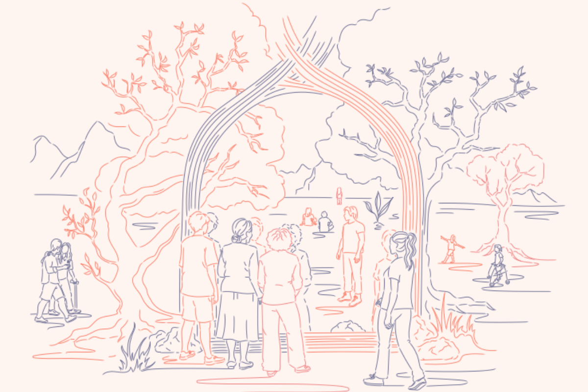 A soft line illustration in pink and blue of people gathering beneath a large arched tree in a natural landscape, symbolising community and connection.